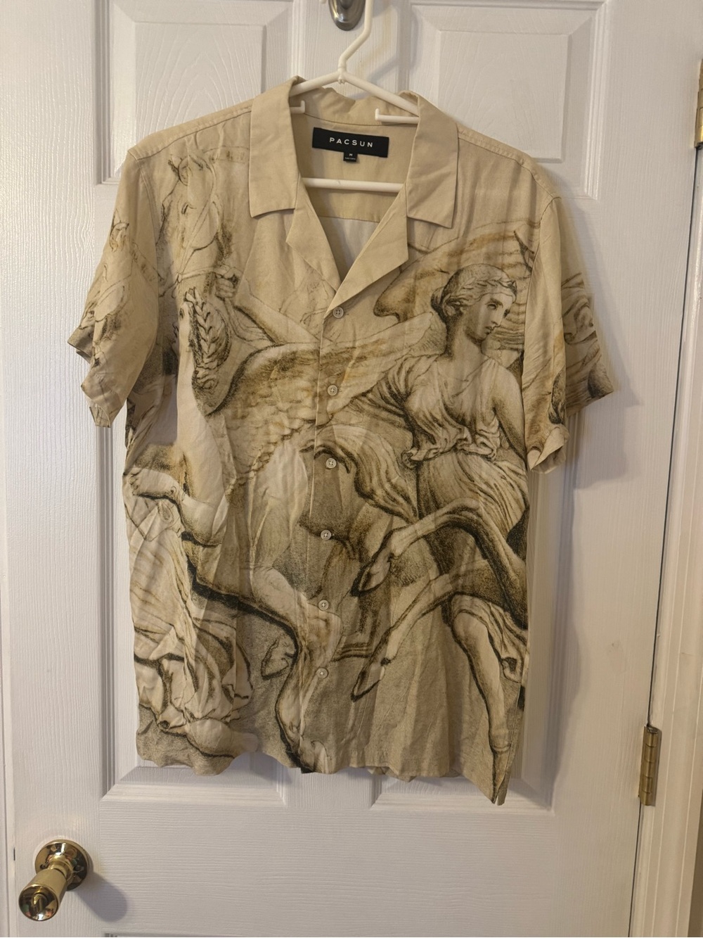 PacSun Beige Graphic Short-Sleeve Camp Collar Button-Up Shirt